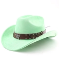 Detailed side view of mint green suede cowboy hat with star emblem and metal rivets - M (56-58cm) / Fruit Green
