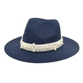 Detail of navy straw fedora hat featuring white ribbon and elegant pearl embellishments - M (56-58cm) / Navy Blue