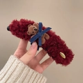 Pince à cheveux peluche bordeaux avec ours et nœud bleu pour automne et hiver - Rouge