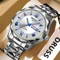 Macro detail of quartz watch featuring blue Roman numerals and faceted stainless steel strap - Silver Band White Dial Blue Hands