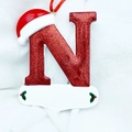 Christmas N-letter resin ornament with red glitter finish and santa hat hanging decor - Letter N
