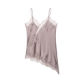 Detailed view of lavender silk camisole with delicate lace trim and v-neckline - Gray Red