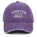 Detailed macro view of white Limited Edition 1991 embroidery on vintage purple cotton cap - Adjustable / Purple