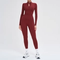 Women's full-length long sleeve thermal fitness bodysuit in deep red with zipper collar - S / Top And Bottom (Without Chest Pads) / Cherry Red