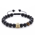 Detail of tiger eye stone bead and micro-pave zircon letter R on black onyx bracelet - Letter R-Black Agate Bracelet