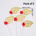 Set of 5 gold hollow leaves with red roses cake toppers for Chinese wedding decor - Red Rose & Gold Leaf 5Pcs