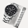 SOKI men's business quartz watch with black dial, silver steel strap and matching bracelet - Silver