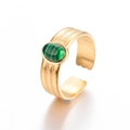 Retro verstelbare goudvergulde ring met groene malachietsteen en textuur - Drielijnige Textuur/Ovale Hoofdsteen / Goud