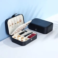 Portable double-layer black PU leather jewelry box with necklace hooks and ring slots - 16x11.5x5cm / Black