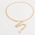 Gold metal waist chain for women with sparkling rhinestone flower pendant on white background - Gold