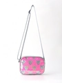 Fashionable PU crossbody bag with pink heart sequins and silver hardware on white background - Bright Pink