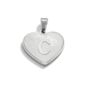 Silver stainless steel heart pendant with white shell inlay and metal letter C detail - Letter C / Steel