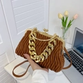 Brown pleated leather handbag with bold gold chain and vintage ball clasp detail - Dark Brown