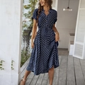 Elegante vestido midi azul marino con lunares, escote en V y cinturón lazo para mujer - S / Azul marino