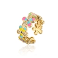 Anello d'oro irregolare con fiori in smalto colorato e dettagli in zircone - Aperto Regolabile / Fiore Multicolore (12782)