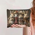 Detailed view of hand-held canvas toiletry bag with autumn-themed cartoon rabbit prints - White Anthropomorphic Scarf Rabbits (jiayingpbb080)