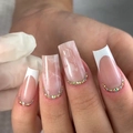 Long square press-on nails with pink marble, white French tips and rhinestone accents - French Marble Rhinestone Style (JP2742)