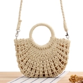 Minimalist cream semi-circle straw bag with hollow paper rope weave and round handle - Beige Hollow Out