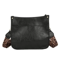 Classic black leather tote bag featuring a stylish leopard print wide shoulder strap - Black