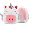 White plush unicorn backpack for children with pink straps and silver 3D wings detail - Unicorn
