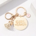 Portachiavi in legno fatto a mano con incisione GIRL mama, ciondolo rosa e nappa beige - Beige