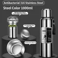 1000ml stainless steel vacuum flask with 316 antibacterial inner liner and tea infuser - 1000ml / Long Tea Filter + Carrying Rope / Steel Color