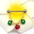 Christmas tree nipple ring with silver barbell and colorful beads on a white flower - Single Piece Price / Bell Dangle Style (#4)