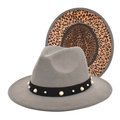 Grey wide brim wool fedora hat with pearl stud band and leopard print lining detail - M (56-58cm) / Light Gray
