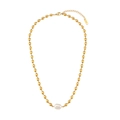 Golden oval bead necklace with baroque pearl and K18 hallmark on elegant white background - Necklace