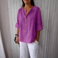 Blouse violette en coton et lin pour femme avec col en V et boutons décoratifs - Rouge Pourpre (4 Boutons)