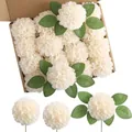 Macro detail of white foam dahlia artificial flowers with green leaves in a brown box - Champagne