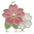 Pink and white enamel flower pendant keychain accessory with gold finish and green leaves - Large Cherry Blossoms / Pink