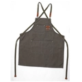 Deep grey canvas apron with brown leather trim and cross-back olive green straps - Grey Green