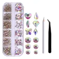 12-grid nail art set with AB iridescent shaped rhinestones, wax pen, and curved tweezers - Crystal AB with Tweezers & Pen (ZSHZ-212 with Tools)