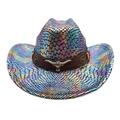 Colorful snake-patterned Western cowboy hat with metallic sheen and longhorn bull emblem - M (56-58cm) / Black