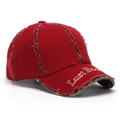 Detail of red vintage baseball cap with distressed edges, leopard print, and Lust Boo embroidery - One Size(Adjustable) / Red/Leopard