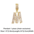 Detailed view of gold M-letter pendant with pave-set zircons measuring 1.5 by 0.8 inches - Letter M Pendant
