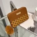 Mini vintage plush coin purse in brown monogram pattern with faux fur pompom charm - Brown
