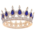 Lujosa corona de novia dorada con gemas azules y brillantes diamantes de imitación - Estilo de Lujo Magnífico / Dorado+Circonita Azul