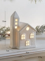 Handcrafted white ceramic lit cottage house with warm LED glow and hollow window detail - Christmas Tree House