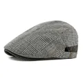 Vintage gray houndstooth newsboy cap with wool texture and red stripes for men - Adjustable / Plaid Flat Cap (CQ3519) / Gray