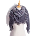 Women's dark grey herringbone knit scarf with colorful plaid pattern and fringe - Charcoal Grey Plaid