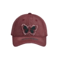 Detail of burgundy washed cotton baseball cap with pink butterfly patch and green embroidery - Adult(56-60cm) / Wine Red with Black Butterfly