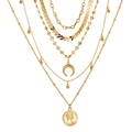 Layered gold necklace featuring portrait coin pendant and crescent moon charm on white - 5-Layer Gold Crescent Portrait Pendant Style (01KC金DZ041)