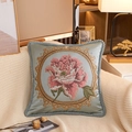 Blaugraues Kissen mit rosa Pfingstrosen-Stickerei und goldenen Vintage-Mustern - Dekokissenbezug / Europäische Blume-Blau