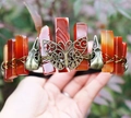 Detail of handmade bronze headband with red carnelian crystals and butterfly ornament - Butterfly Raven Skull Style / Red Agate/Antique Bronze Wire