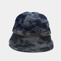 Detailed close-up of retro washed denim bucket hat with yellow stitching and fabric texture - M / Distressed Round Top (Deep Blue)