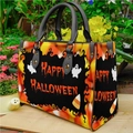 Leichte Halloween Kürbis-Katze Tragetasche aus PU-Leder mit Happy Halloween-Aufdruck - Stil 003 (Schwarz & Oranger Druck)