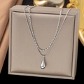 Silver double-layer titanium necklace with teardrop pendant and snake chain - H1256 Layered Teardrop / Steel