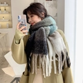 Thick oversized scarf in gray, light blue, and beige stripes with long tassels - 230*35cm / 40202-Black Plaid
